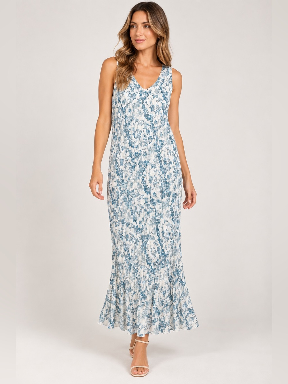 Tuckernuck French blue floral sleeveless crinkled maxi dress